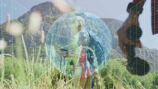 Vertical video: Woman waving and forming blue orb, HUD showing tech safety then partner following