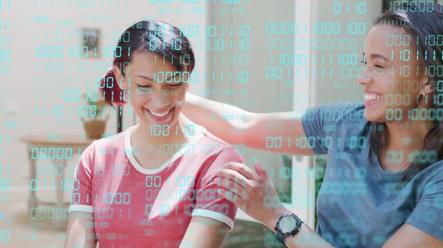 Teen girl laughing, adult woman reaching, touching, hugging to comfort, binary overlaying tech home