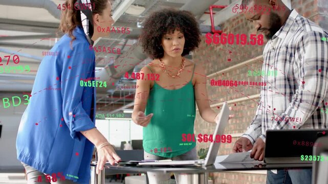 Team at table, woman in green raising hand and explaining crypto tickers floating above to decide