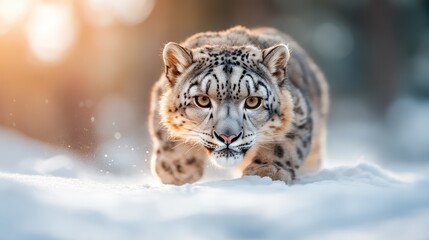 Obraz premium A majestic snow leopard prowls through a snowy landscape, showcasing the beauty and fragility of wildlife in its natural habitat against a backdrop of soft, ethereal light.
