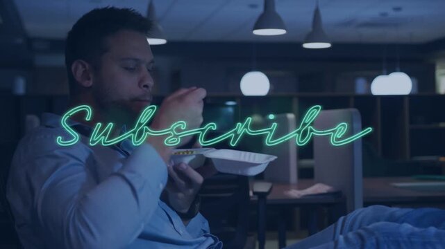 Man sitting in office on break, grabbing fork and eating takeout, neon Subscribe pulsing above him