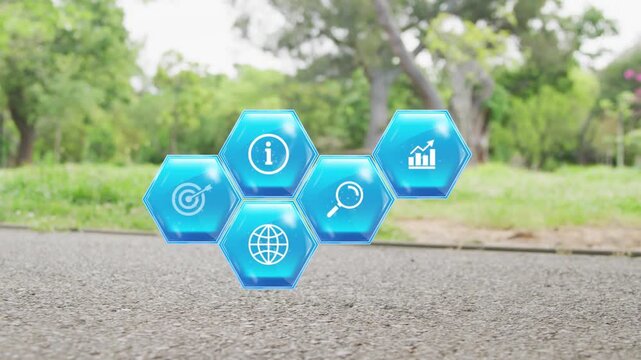 Education UI spawning on activation hexes forming honeycomb to show icons as woman stepping behind