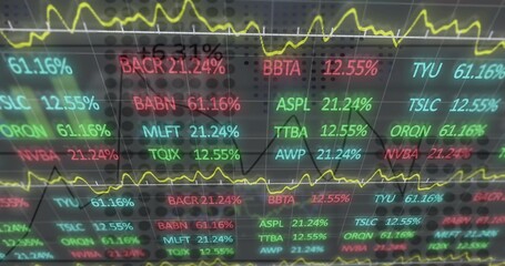 Naklejka premium Showing ticker screen with dotted panel, LED tickers, percents and yellow lines on trading desk