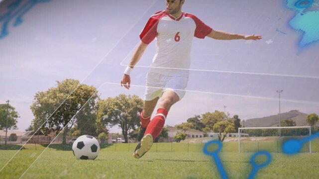 Male soccer player stepping and kicking ball on grass, white-blue overlays tracing shot toward goal