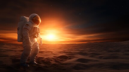 Fototapeta premium An astronaut stands in awe on an alien landscape at sunrise, capturing the wonder of space exploration and the breathtaking beauty of extraterrestrial environments.