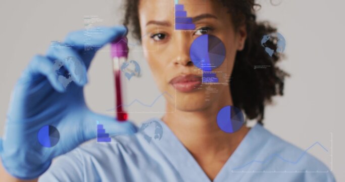 Female lab-tech checking blood vial with purple cap in lab, blue scrubs, blue gloves, data overlay