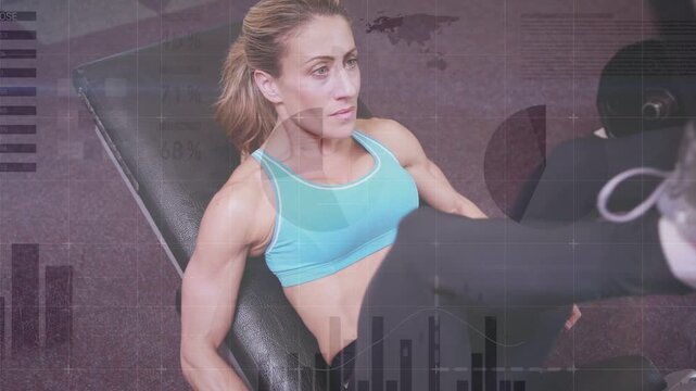 Woman placing feet on legpress starting fitness press pushing sled returning while graphs appearing