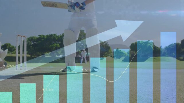 Bowler delivering ball, batsman stepping and swinging bat for scoring in cricket, overlaying chart