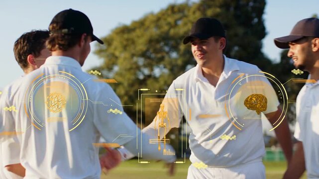 Left player gesturing cricket team forming huddle on turf HUD showing skeleton brain icons prepping