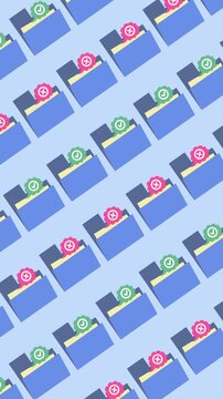 Seamless pattern of file folders with a notification icon flat design in an abstract vertical background animation. Document management wallpaper with office workflow for digital organization banner.