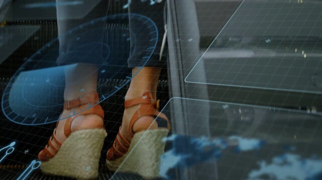 Woman stepping onto escalator HUD tracking sandals to luggage hand reaching handle preparing travel