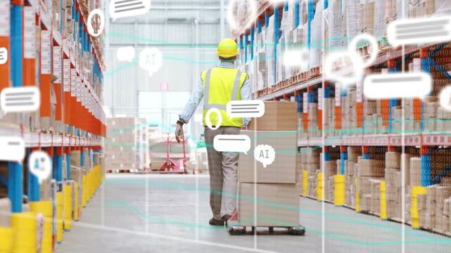 Male warehouse worker pulling palletjack to move boxes, sparking AI bubbles gathering around pallet