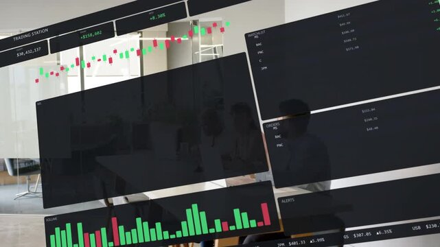 Trading dashboard tilting back, revealing colleagues meeting, candlestick chart and volume bars