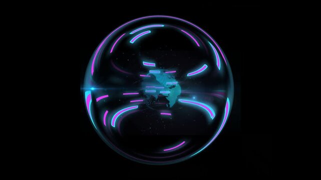 Glass shell holding cyan globe receiving magenta beam from right, pulsing, visualizing energy flow