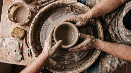 Fototapeta premium A craftsman shapes a clay bowl with his hands on a pottery wheel, crafting a pottery masterpiece.