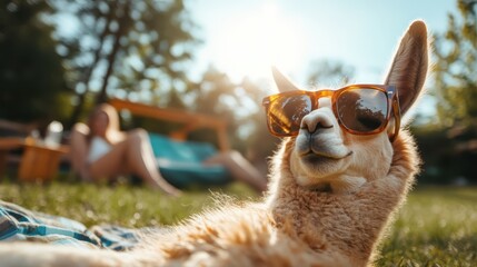 Fototapeta premium A relaxed llama lounging outdoors in stylish sunglasses, showcasing a fun and quirky side of nature with a playful vibe that resonates with outdoor enthusiasts.