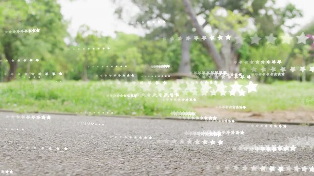 Woman's teal shoe entering right, stepping on path for fitness, star overlay drifting over shoe