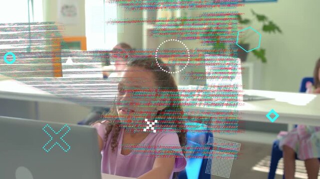 Girl at laptop in education raising hand, causing code overlays while typing and requesting help
