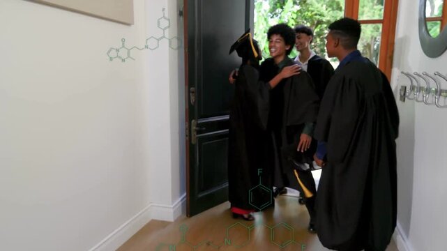 Grads entering open door hugging fixing caps celebrating graduation while chemical overlay hovering