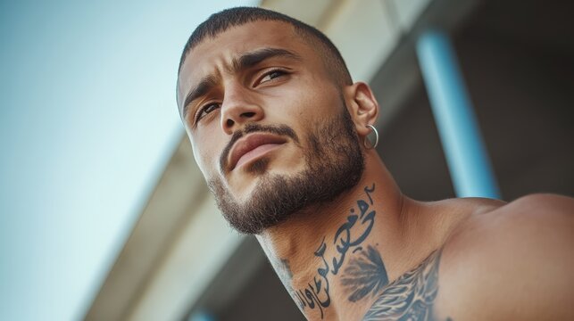 A confident man with a well-groomed beard, stylish haircut, and visible tattoos gazes thoughtfully at the camera, embodying modern masculinity and self-expression in a contemporary setting.