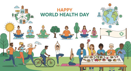 Naklejka premium Celebrating Global Health Day with Diverse Communities Embracing Healthy Lifestyles, Wellness Practices, and Sustainable Living for a Better Future