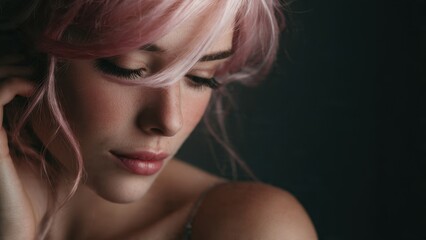 Fototapeta premium Thoughtful portrait of a beautiful young woman with vibrant pink hair, soft lighting, and an elegant, contemplative expression against a dark background.