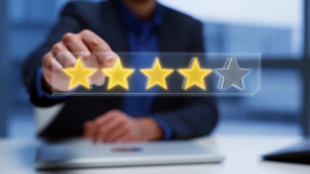 Visualization of customer feedback and satisfaction ratings to represent business reviews or digital trust. 5 Star rating system high customer satisfaction. Virtual review bubbles floating above.