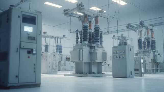 Modern power transmission facility storing and distributing electrical energy with rows of high voltage transformers and circuit breakers, ensuring efficient energy grid operation