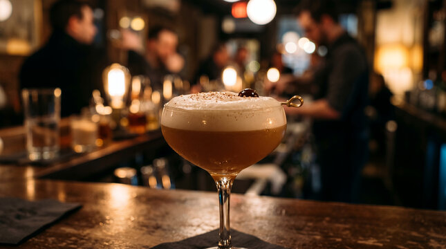 Cocktail in elegant glass on bar counter with blurred background  