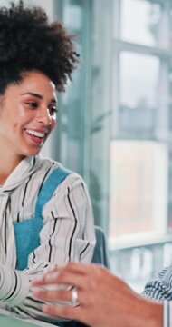 High five, team and business people in office talking for finance success, profit and investment. Corporate, coworking and happy man with woman celebrate for collaboration, good news and meeting