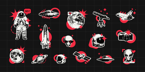Trendy collage vector set of space icons. Astronaut, planet, ufo, rocket ship, and alien stickers with halftone design. Retro digital art for science fiction and cosmic exploration theme. © hiten666