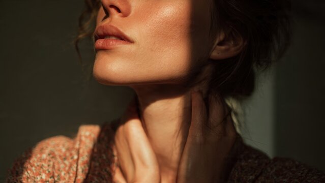 Close-up of a thoughtful woman's neck and hands, gently illuminated by warm golden hour sunlight, casting dramatic shadows and highlighting delicate skin texture.