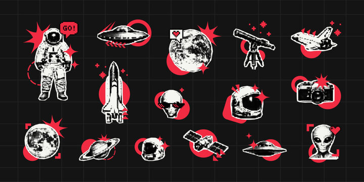 Trendy collage vector set of space icons. Astronaut, planet, ufo, rocket ship, and alien stickers with halftone design. Retro digital art for science fiction and cosmic exploration theme.