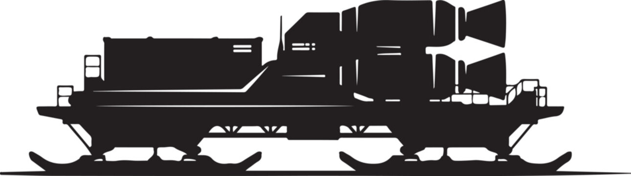 Industrial train locomotive, black silhouette, railroad transportation, vector graphic