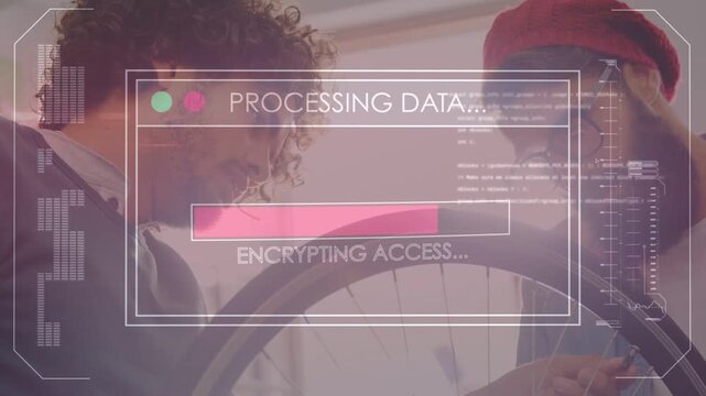 Two men checking wheel spokes while system connecting server overlaying progress bar during repair