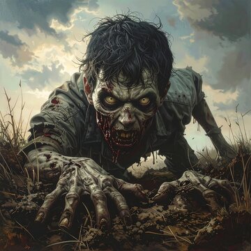 A zombie crawls through the dirt with a menacing expression