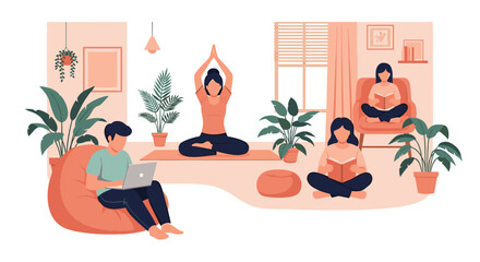 Obraz premium Group of young people relaxing at home doing activities like yoga, reading books, and using a laptop in a cozy indoor apartment setting.
