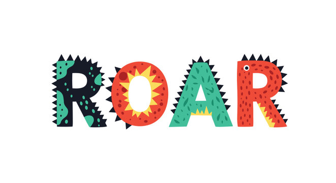 Roar word designed with colorful dinosaur skin patterns and spikes on a white background representing prehistoric themes for children.
