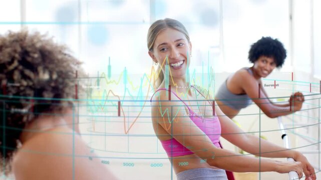 Center woman turning toward left peer smiling, sparking animated line charts and nodes across barre