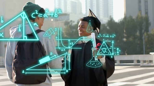 Beanie friend reaching, shaking into hug, celebrating education as teal graphs overlaying subjects