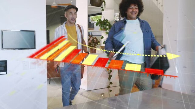 Men descending stairs, placing phone, laptop for home tech, AR overlay sweeping, camera closing