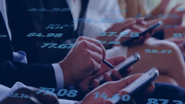 Lead man tapping phone, stylus sparking blue market data, camera panning showing row viewing stocks