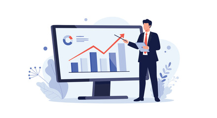 Naklejka premium Professional businessman in a suit presenting a successful financial growth chart on a large computer monitor in a modern office setting.