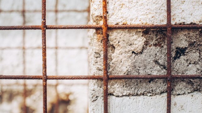 Rusty wire mesh fence against concrete wall texture, industrial background with metal corrosion, rough aged surface, abstract close-up showing decay, structure, and urban grunge detail