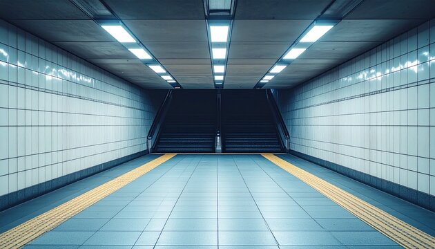 Eerie Subway Tunnel Leading to Stairs with Dim Lighting.