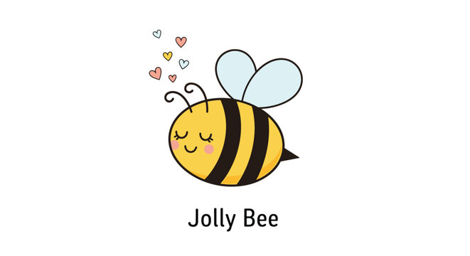 Cheerful cartoon bee character with rosy cheeks and flying hearts above its head with the words jolly bee written below on white background.