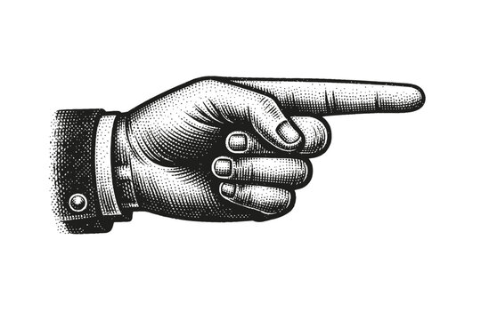 A pointing hand in a classic illustration style with a white background