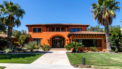 Fototapeta premium Elegant Mediterranean Home with Lush Landscaping and Palm Trees.