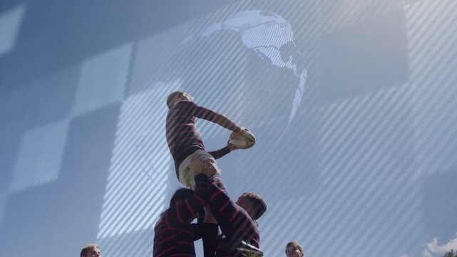 Rugby thrower throwing from right, lifters lifting jumper securing ball, overlays shifting