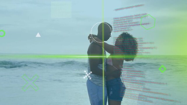 Couple starting embrace at shore, showing love while tech HUD graphics sliding across couple